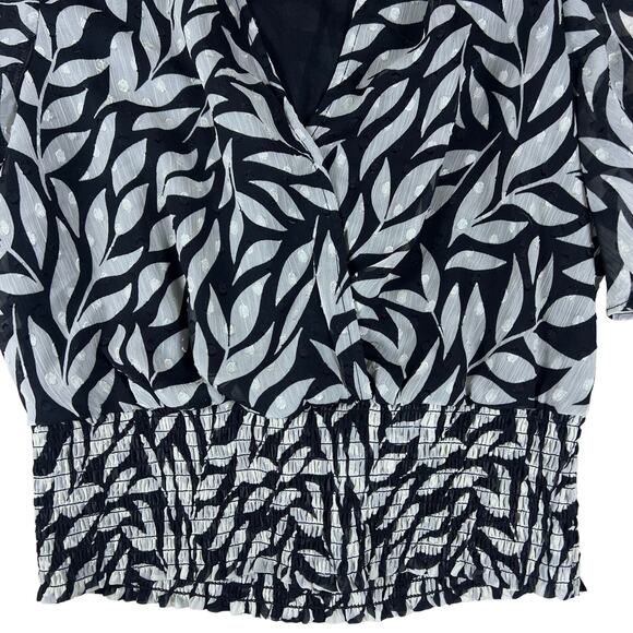 Monochrome Palm Print Flutter Sleeve Blouse S | Black Ivory Resort Editorial Top - Picture 6 of 12